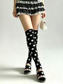 1 Pair Vintage Y2K Sweet & Cool Style Polka Dot Print Elastic Solid Color Knee-High Socks For Women, Daily Party Outfit - Black - View 1