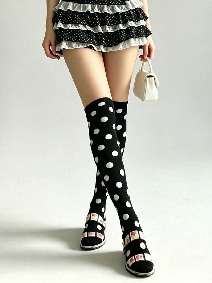 1 Pair Vintage Y2K Sweet & Cool Style Polka Dot Print Elastic Solid Color Knee-High Socks For Women, Daily Party Outfit - Black - View 1