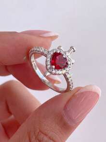 1pc Vintage Red Heart Ring, Women's Daily Accessory Or Gift - Simple Decoration - View 3
