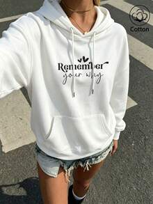 Ledig sweatshirt för dam med rund hals, svart långärmad sweatshirt med konstnärligt boktryck - Vitt - Visa 1