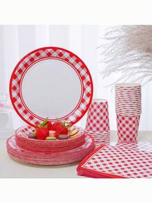 68 Piece Set, Red Grid Theme, 7-Inch Paper Tray, 9-Inch Paper Tray, Tissues, Paper Cups, Plates, Party Trays, Such As Anniversaries, Birthday Parties, Afternoon Tea, Weddings, Receptions, Parties, Picnics, Camping, Barbecues, Etc. - Multicolor - View 9