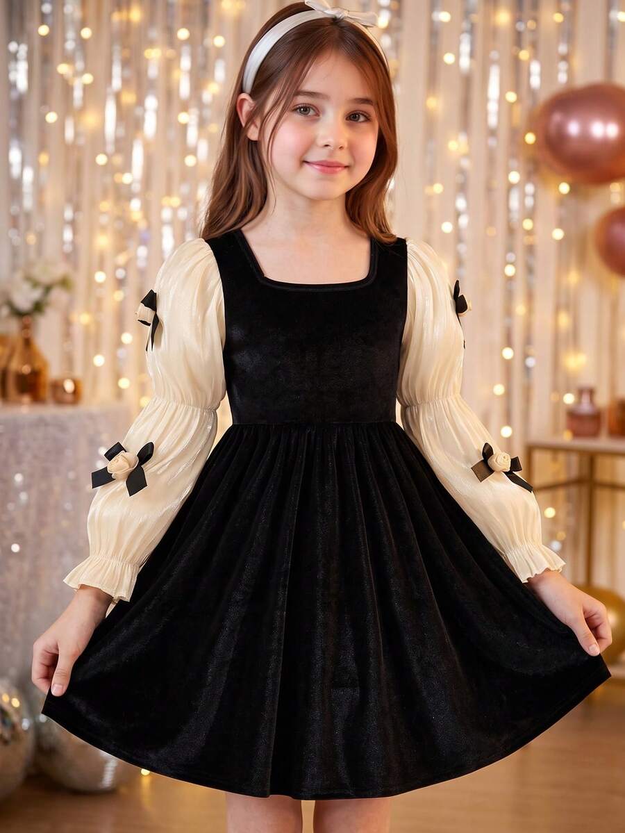 Tween Girls Christmas Velvet Dress, Square Neck Contrast Puff Sleeve, Bow Decor Princess Halloween Birthday Holiday Party Gown Dresses 8-12Y