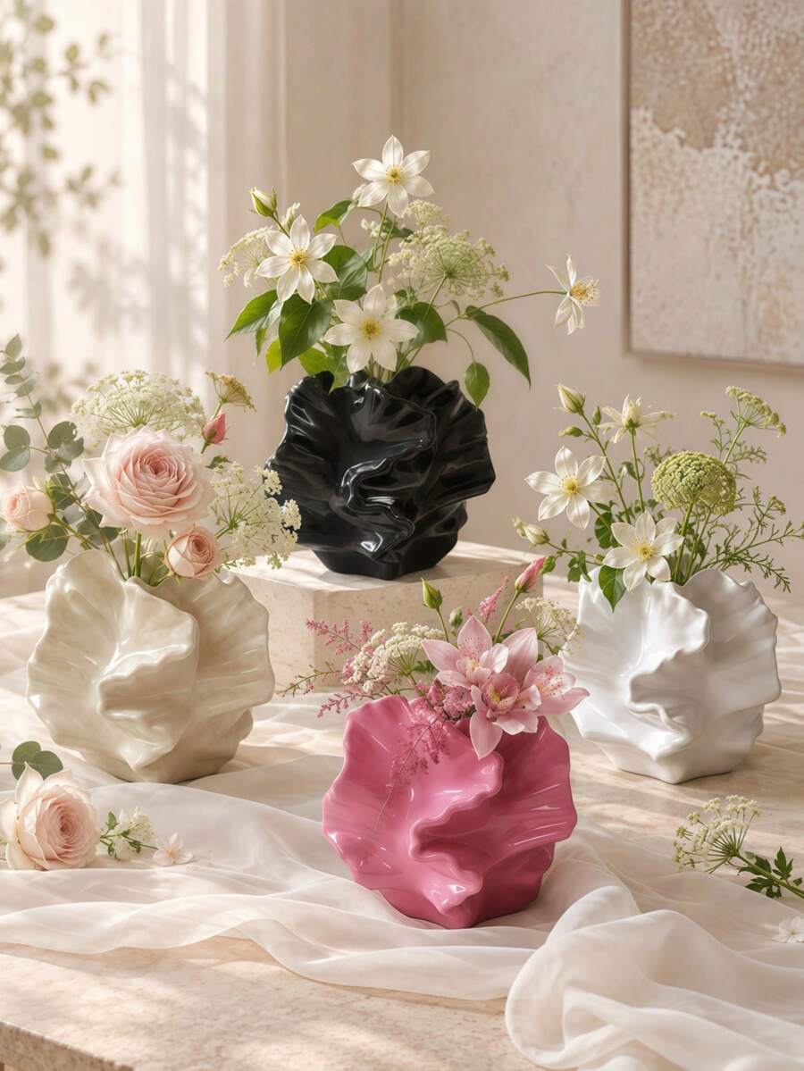 Wabi-Sabi Style Ruffle Trim Asymmetrical Abstract Wavy Vase, Decorative Tabletop Flower Container For Living Room, Bedroom, Wedding, Holiday Home Decor - Origami Vase - View 1