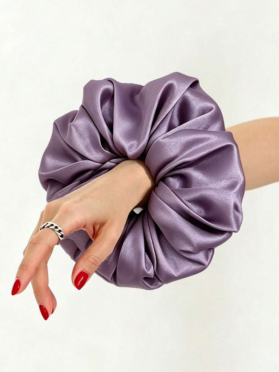 1pc Purple Extra Large Ruched Solid Color Satin Elastic Scrunchie, Soft Versatile Hair Accessory For Daily Wear - Multicolor - View 1