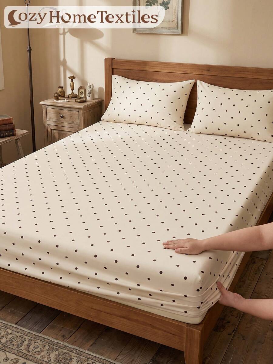 1pc Polka Dot Print Fitted Sheet Mattress Cover, Autumn Bedding, Mattress Protector, Soft Comfortable Warm Breathable Wrinkle-Resistant, Machine Washable, Single/Double/Queen/King, Suitable For All Seasons, Pillow And Pillowcase Not Included, Dorm Bedding, Bedroom Decor