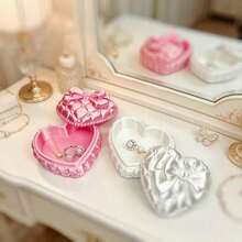 1pc Princess Style Heart-Shaped Satin Large Capacity Jewelry Storage Box, 3D Bow Pearl Quilted Diamond Pattern Jewelry Box, Lolita Girl Heart Portable Ring Earring Dust-Proof Box, Cosmetic Storage, Makeup Brush Box, Large Capacity Makeup Box, Accessory Storage Box, Exquisite Desktop Decor, Creative Birthday Valentine's Day Gift For Girlfriend Best Friend Holiday - Multicolor - View 1