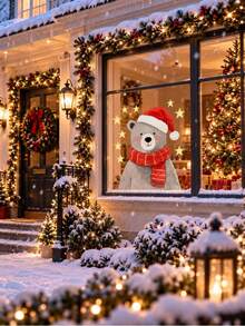 Christmas Window Decor Cute Bear Static Cling Stickers, Knitted Hat And Scarf Design, Reusable Glue-Free Glass Decals, Holiday Display Decoration Gift For Home And Store - A - View 3