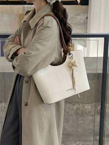 Tote Bag, Trapezoid Open Body, Knotted Long Handle, Decorated With Flower Charm. Spacious Interior For Books, Tablets And Other Personal Items, Hand-Carried, Fresh And Minimalist Style, Suitable For Daily Commute And Travel. - Beige - View 3