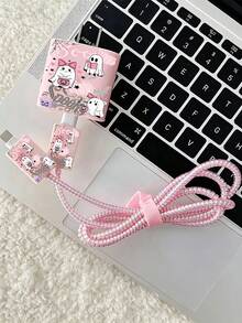Pink Halloween Little Ghost Charger Protective Case + 1.4M Data Cable Protective Rope, Compatible With Apple 20W Charger, Minimalist Apple Charger Protective Shell, Suitable For 20W Phone 15/16 Pro Max Charging Cable Protector, Anti-Scratch, Anti-Bite, Compatible With 13/14 Plus/17/16PROMAX/18/18PROMAX Halloween Gift - Pink - View 3