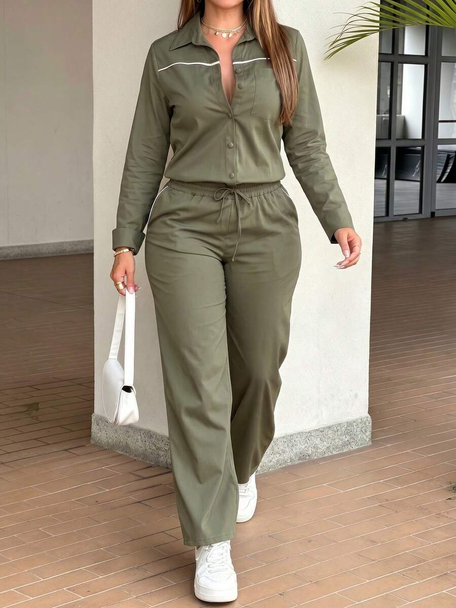 LUNNELUX Combinaison femme automne à col chemise avec passepoil contrasté et jambes larges, tenue décontractée business bureau pour Halloween, rentrée scolaire et retour à l'école - Militaire verte - Voir 1