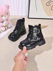 Kids Autumn/Winter Stylish Ankle Boots With Double-Row Button Decor, Thick Sole, Durable, Simple Retro High-Top Boots For Girls - Black - View 5