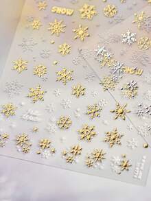 1 Sheet 3D Snowflake Metal Nail Stickers Gold & White Winter Snow Pattern Self-Adhesive Nail Art Decals, Christmas Winter DIY Manicure Decorations - Gold - View 2