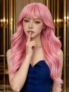 Women's Long Curly Pink Wig With Bangs, Versatile Soft Smooth Synthetic Fiber, High Density Natural Look, Secure Fit Adjustable Cap, Comfortable Wear, Suitable For Halloween Cosplay - Pink - View 2