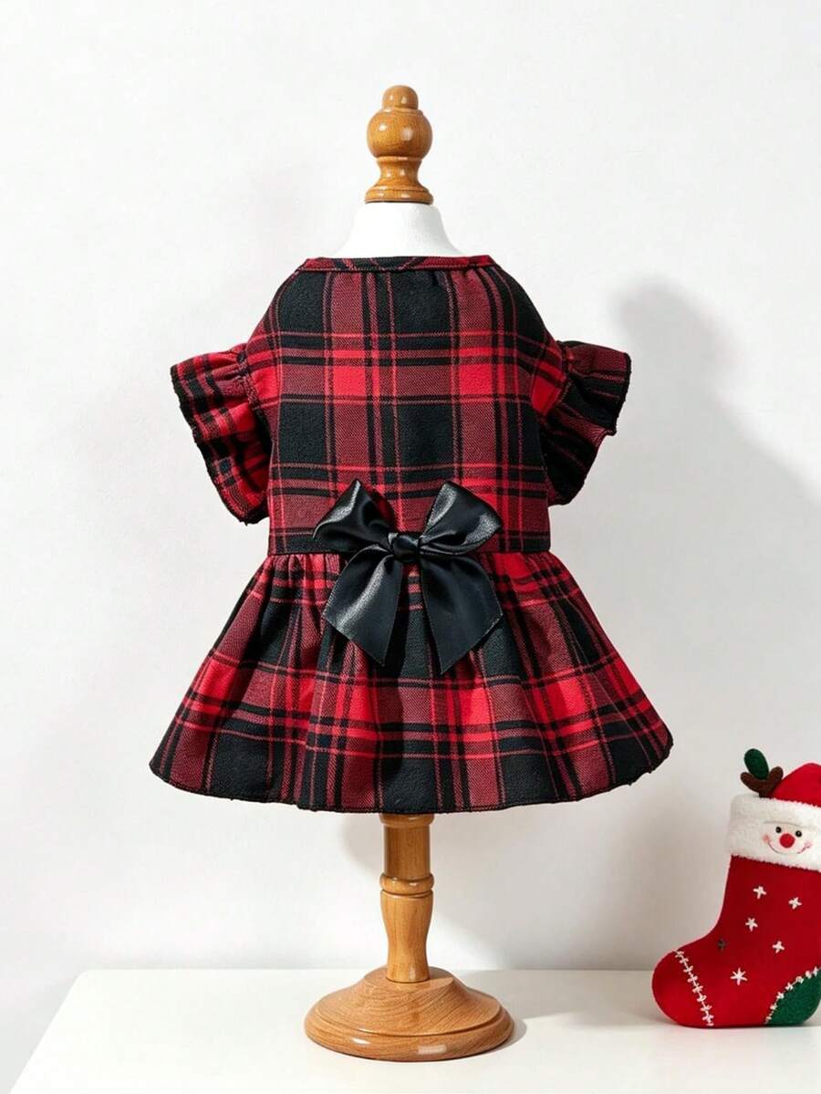 LUCKIE LABO 1pc Black & Red Plaid Bow Dress, Anti-Flea Pet Dog Clothes For Chihuahua Small Dogs, Fashionable Skirt Suitable For Cats & Dogs Indoor/Outdoor - Multicolor - View 1