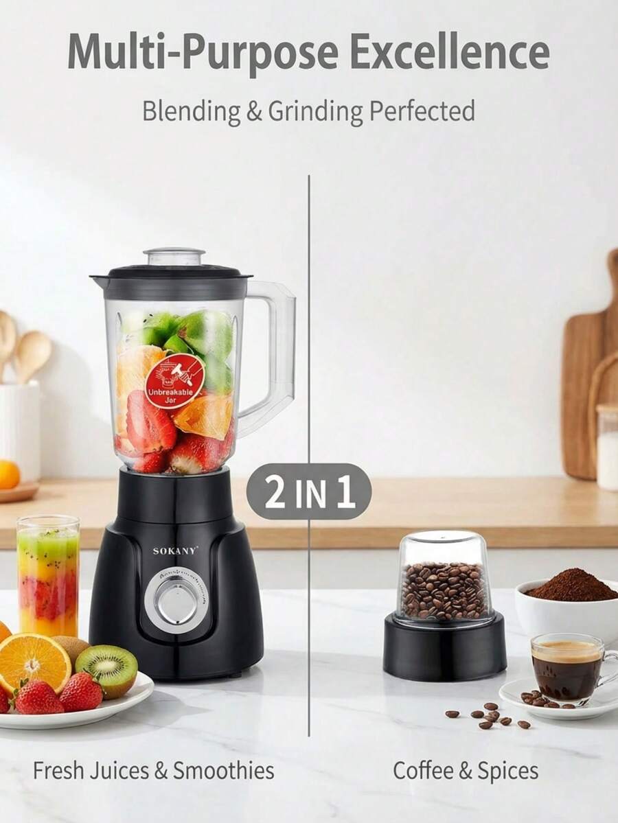 SOKANY-185 2-In-1 Multifunction Blender Juicer, 1.6L Large Capacity Blender With Grinding Cup, 2-Speed Pulse Function, Suitable For Milkshakes, Baby Food, Juice, Coffee Beans - White - View 1