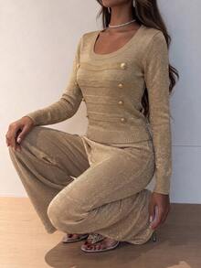 New Slim Fit Long Sleeve Sweater With Fine Glitter Gold & Silver Thread, Round Neck, Horizontal Stripe & Button Design, Vintage Elegant Style, Suitable For Dating, Dinner, Birthday Party, Commuting, Inner Layer, Elegant Outfit - Khaki - View 2