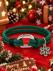 1pc Christmas Braided Rope Bracelet, Santa Claus Snowflake Bell Enamel Pendant Carabiner Wristband, Unisex Stackable Holiday Jewelry, Christmas Gift - Christmas Bracelet - View 9
