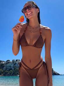 Bikinx Women's Halter Tie Bikini Set With Beaded Woven Details And Side Tie Bottoms, Suitable For Beach Vacation - Brown - View 6