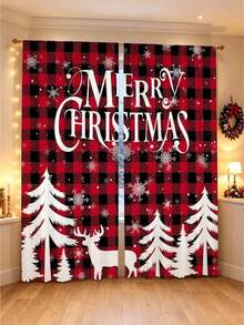 2pcs/Set Christmas Decoration, Elegant Red & Black Plaid Christmas Tree & Reindeer Print Semi-Sheer Curtains, Christmas Curtains, Christmas Door Curtains, Bedroom & Living Room Holiday Decor Curtains, Home Decor, 2026 Merry Christmas Decoration, Christmas Decoration, Winter Decoration, Christmas Gift, Christmas Decor, 2027 Happy New Year Decoration - Christmas Red Plaid Reindeer - View 2