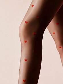 1 Pair Women's High Waist Heart Pattern Pantyhose, Sexy Ultra-Thin Red Heart Design, Elastic Polyester Knit Fabric, Fashionable Versatile Daily Wear - Multicolor - View 5