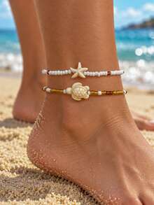 2pcs/Set Bohemian Style Starfish Turtle Shell Beaded Anklet, Women's Summer Beach Sweet Barefoot Ankle Jewelry - Multicolor - View 1
