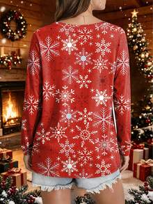 Plus Size Red Christmas Snowflake Print V-Neck Long Sleeve Top, Ruched Chest Design, Comfortable Knit Fabric - Red - View 4