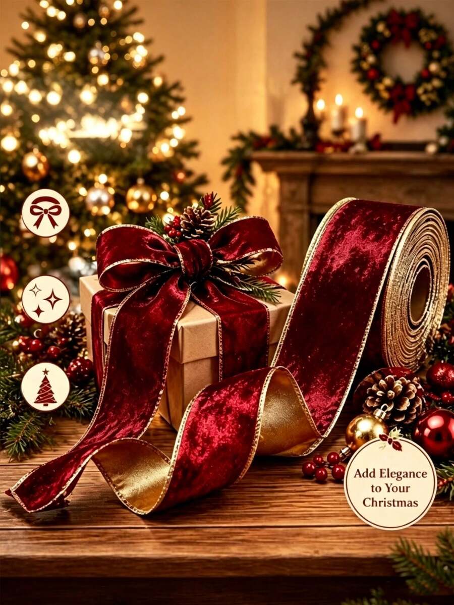 1pc Burgundy Christmas Gift Ribbon, Suitable For Christmas Party Gift Wrapping, Christmas Dinner Floral Decoration, Winter Theme Party Favors, New Year Party And More - One Size Fits All - View 1