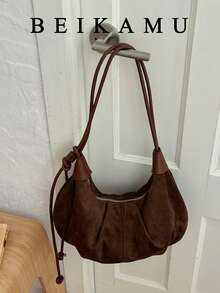 Women's Vintage Faux Suede Crescent Hobo Bag, Ruched Underarm Bag With Adjustable Drawstring Shoulder Strap, Casual Crossbody Bag - Coffee - View 1