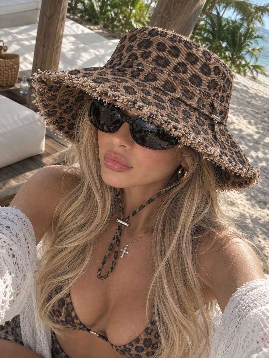 1pc Vintage Leopard Print Frayed Edge Bucket Hat, Adjustable Rope Design, Beach Vacation Sun Protection Hat - Drawstring Leopard Print Fisherman's Hat - View 1