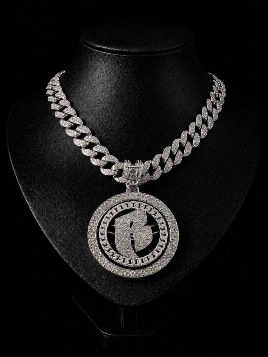 Rotatable B Letter Rhinestone Round Pendant Cuban Chain Set, Silver Heavy-Duty Rhinestone Necklace And Bracelet, American Hip-Hop Cool Accessories For Men - Rotatable Letter B - View 1