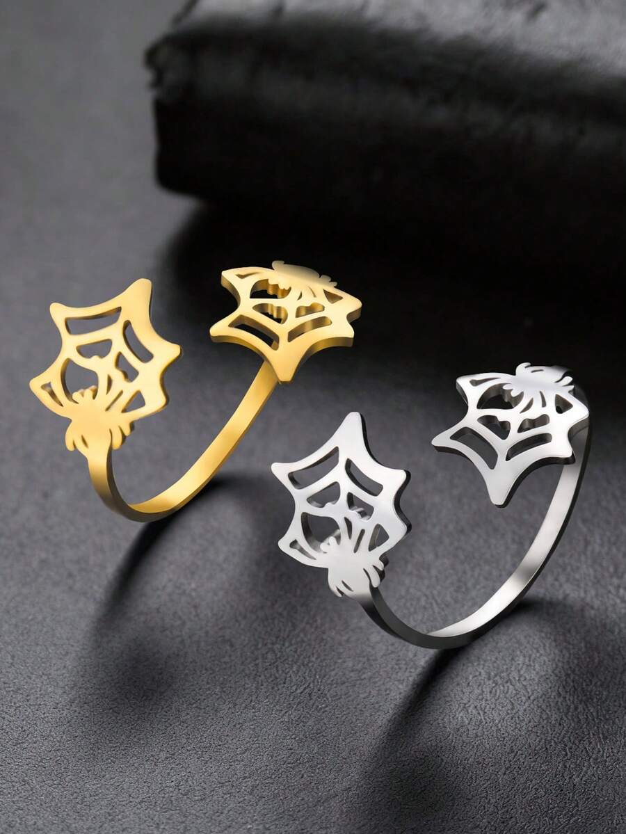 LIKGREAT 1pc Women's Stainless Steel Creative Open Adjustable Spider Web Ring, Unisex Halloween Jewelry Gift - Fashion Series - View 1