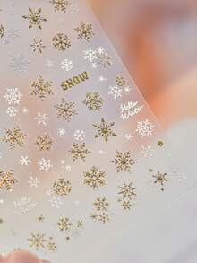 1 Sheet 3D Snowflake Metal Nail Stickers Gold & White Winter Snow Pattern Self-Adhesive Nail Art Decals, Christmas Winter DIY Manicure Decorations - Gold - View 4