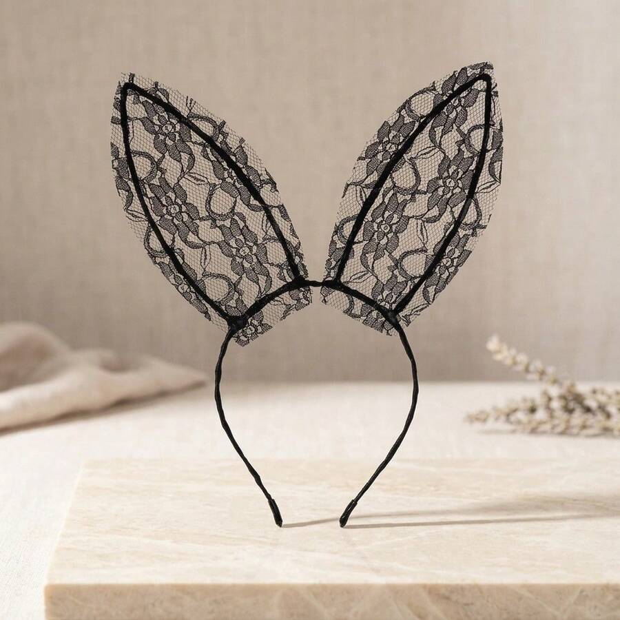 1PC/2PCS/3PCS Sexy Personalized Lace Bunny Girl Headband, Bell Rose Flower Choker, Eye Mask Set, Suitable For Dance Party, Stage Performance COS Costume, Halloween, Easter, Daily Wear - White - View 1