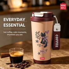 MINISO Water Cup, Coffee Cup, Simple And Elegant, 530ML Small Black Cat Pattern Coffee Cup, With Straw, New Autumnwinter Insulated Model; Valentine's Day Gift. - Coffee Brown - View 1