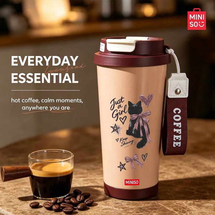 MINISO Water Cup, Coffee Cup, Simple And Elegant, 530ML Small Black Cat Pattern Coffee Cup, With Straw, New Autumnwinter Insulated Model; Valentine's Day Gift. - Coffee Brown - View 1