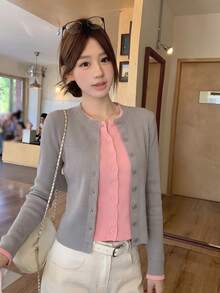 French Gentle Style Sweet Long Sleeve Contrast Color 2 In 1 Knit Cardigan Jacket Women's Early Autumn Slim Fit Flattering Short Outerwear Top - Grey and Pink - View 5