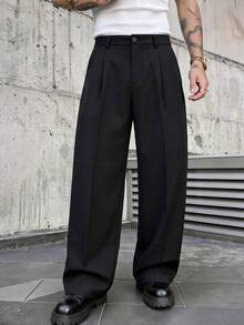 Men's Old Money Style Pleated Loose Straight Leg Wide Leg Casual Pants, Business Casual Pleated Wide Leg Long Pants - Black - View 1