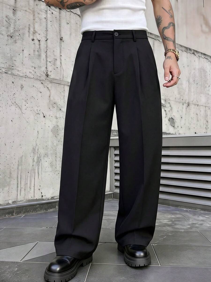 Men's Old Money Style Pleated Loose Straight Leg Wide Leg Casual Pants, Business Casual Pleated Wide Leg Long Pants - Black - View 1