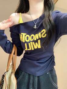 Korean Style Autumn Asymmetrical Shoulder Cinched Waist Long Sleeve T-Shirt Layered Top For Women - Navy Blue - View 5