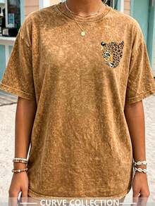 Summer Casual Loose Digital Print Leopard Pattern Women Plus Size Short Sleeve Fashion Leopard Print T-Shirt - Brown - View 3