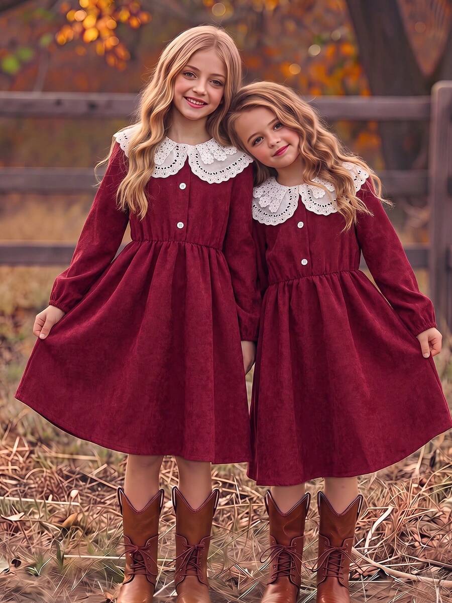 Tween Girls Christmas & Halloween Elegant Burgundy Corduroy Half-Button Cinched Waist Long Sleeve Dress With Contrast White Embroidered Lace Peter Pan Collar, Autumn/Winter Holiday Party Single Piece - Red - View 1