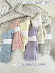1/3/6 Pairs Solid Color Polka Dot Fuzzy Knitted Socks, Long/Mid-Calf Thermal Lined Warm Socks, Autumn/Winter Ins Style - Multicolor - View 13