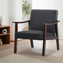 Sillón tapizado de piel sintética estilo mediados de siglo con brazos y patas de madera maciza, silla de lectura cómoda para sala de estar, dormitorio y oficina, silla de acento moderna para adultos - Negro - Ver 6