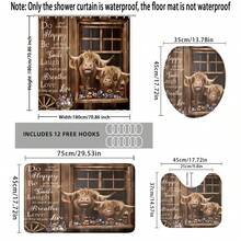 [Popular Choice]1pc/4pcs, Bathroom Curtains Shower, Bathroom Set, Shower Curtain Set, Shower Curtains, Bathroom Decor, Bathroom Rug, Home Decor, Bath Mat, Bathroom Mat, Highland Cow And Farmhouse Pattern, Country Pastoral Theme Decor, Bathroom Set, 12 Hooks Included - Highland Cattle - View 2
