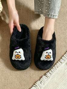 Women's Halloween Cute 3D Ghost & Pumpkin Decor Plush Slippers, Soft Warm Non-Slip Flat Indoor House Shoes - Black - View 1