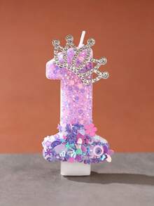 1pc Purple Pink Iridescent Glitter Number Birthday Candle With Rhinestone Crown Decor, 0-9 Number Cake Topper, Princess Theme Party Decoration, Girls Birthday, Baby Shower, Sweet 16 Dessert Table Cake Decor - View 17