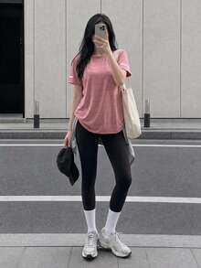 Women's Summer Quick-Dry Short Sleeve Top, Breathable & Comfortable, With Pockets Pink Sports - Pink - View 6