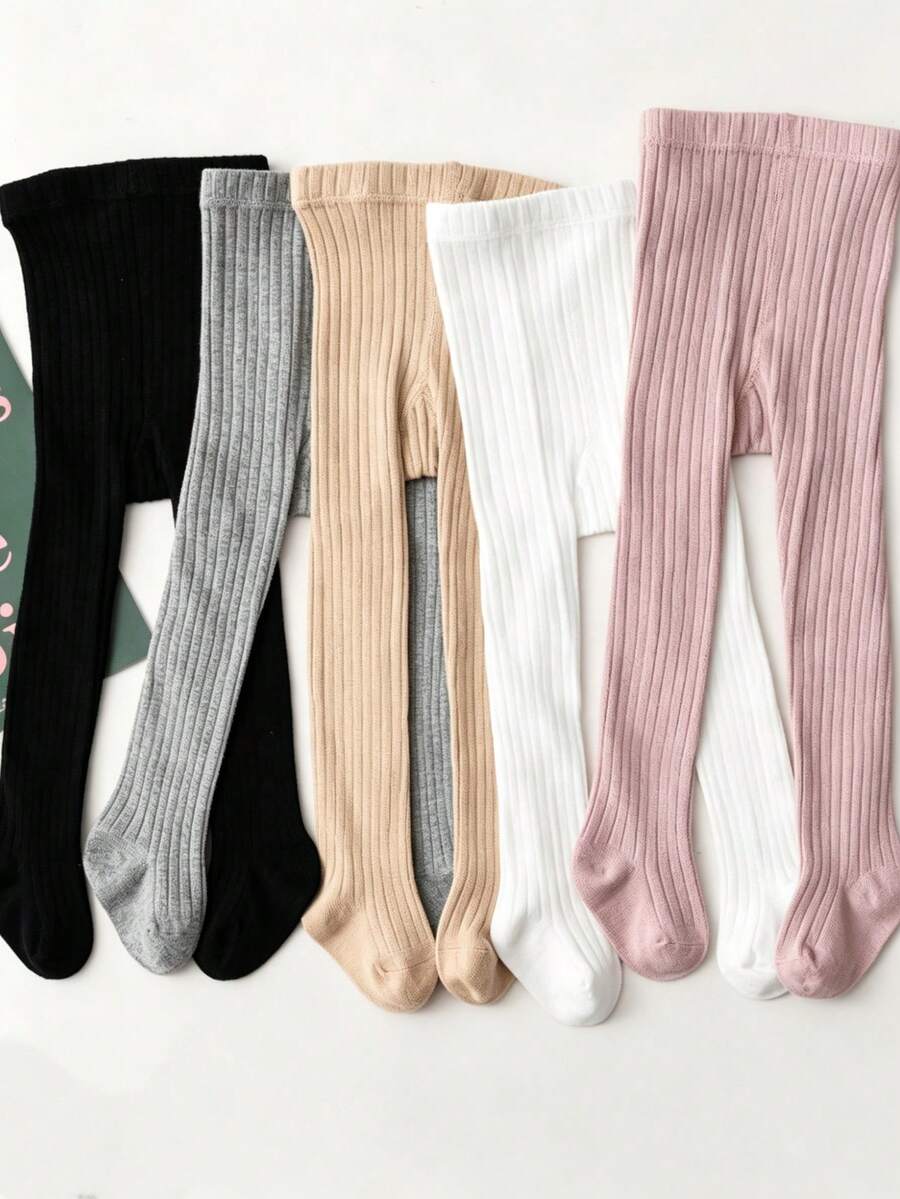 5 Pairs Baby Thick Vertical Striped Plain Tights Candy Color Girls Socks For Outdoor Wear - Multicolor - View 1
