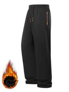 Men's Velvet Lined Straight Leg Sweatpants, Elastic Drawstring Waist With Zipper Pockets, Winter Warm Outdoor Casual Sports Pants - Black - View 2
