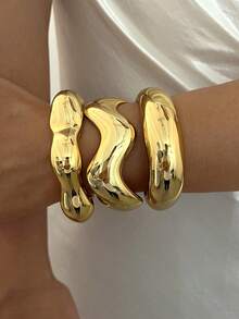 3pcs/Multi-Piece Stackable Fashion Minimalist Elegant Exquisite Vintage Design Geometric Ribbon Wave Exaggerated Wide Band Minimalist Plain Metal Style CCB Bracelet Set, Holiday Vacation Party Date Gift, Daily Commute Wear, Personalized - Yellow Gold - View 3